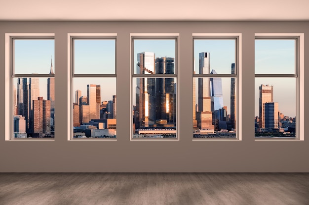 Midtown New York City Manhattan Skyline Buildings from High Rise Window Beautiful Expensive Real Estate Empty room Interior Skyscrapers View Cityscape Sunset Hudson Yards West Side 3d rendering