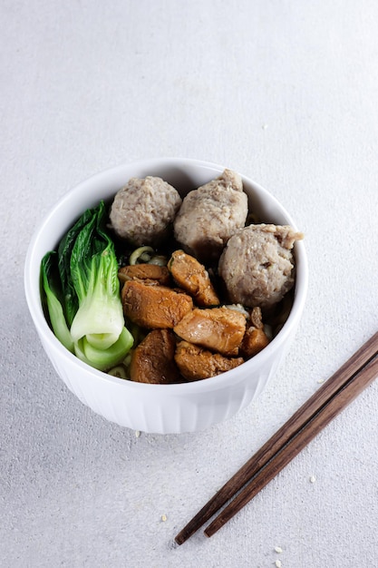 Mie ayam bakso Indonesian food noodles with chicken and served with meatballs