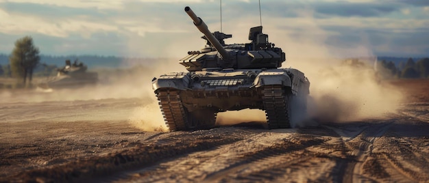 A mighty tank charges through dusty terrain exemplifying raw power and force