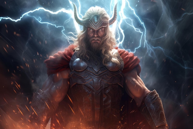 Mighty Thor amidst lightning in Valhalla's splendor Generative AI