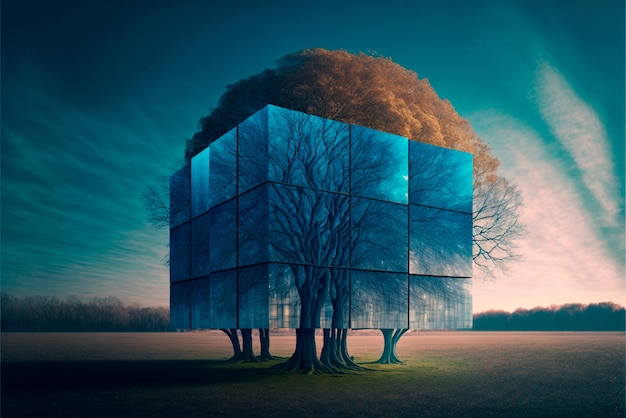 A mighty tree in the fields is shielded by a wall of blue squares Abstraction