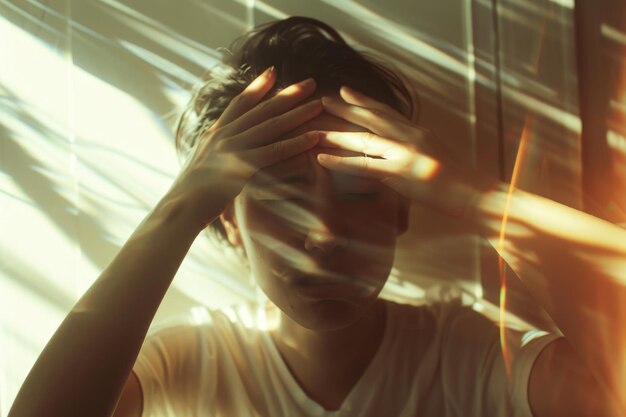 Photo migraine in a bright room someone covering their eyes and cringing as sunlight streams in exacerbating their migraine headache ar 32 stylize 50 job id 21051f6e6c6e44ec8922bb218035af8e