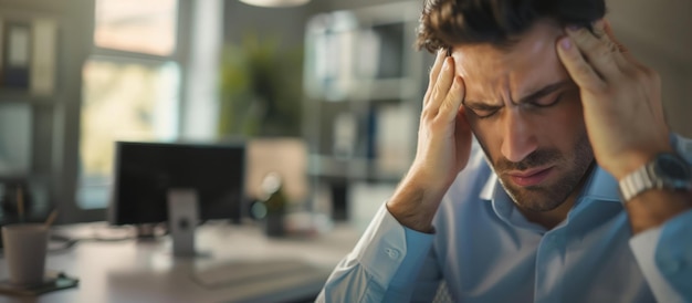 Migraine of stressful job Depressed man employee sitting in office clasping head temples