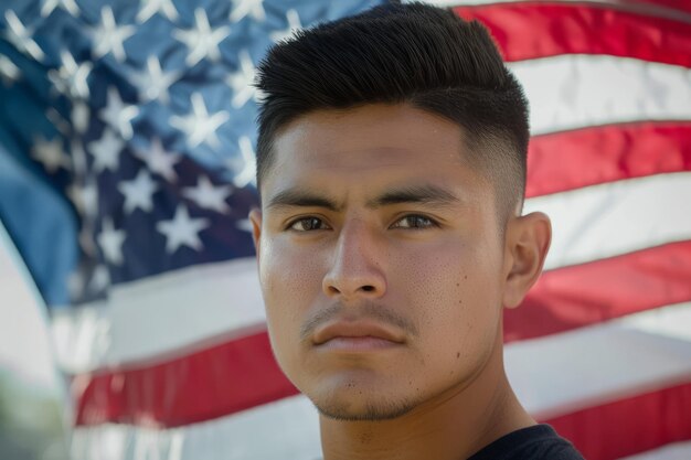 Migrant Man Standing Before the American Flag