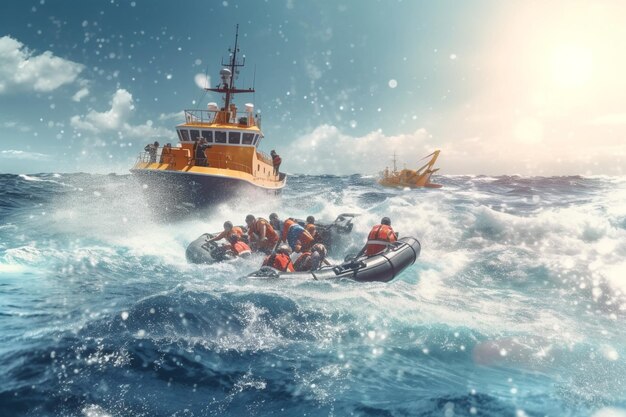 Migrants in an overcrowded boat cross the sea A ship glides on the ocean at sunset amidst water and sky