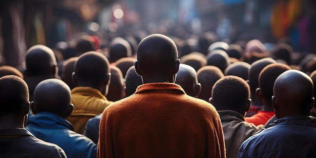 Migrants or refugees in a crowd seen from behind Concept Migrants Refugees Crowd Rear View Immigration