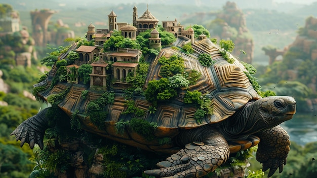 A migrating turtle with a city on back 3d landscaping