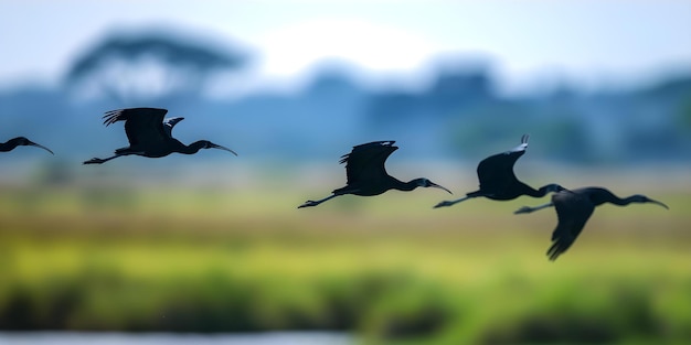 Photo migration of exotic ibises over savannah with acacia trees concept exotic ibises savannah migration acacia trees wildlife photography