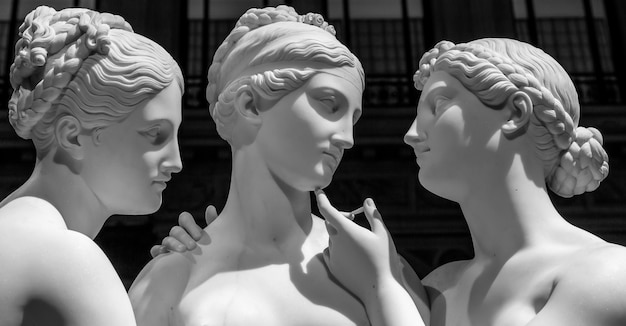 Photo milan, italy - june 2020: bertel thorvaldsenãâ¢ãâãâs statue the three graces. neoclassical sculpture, in marble, of the mythological three charites.