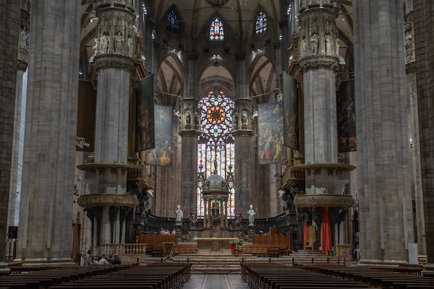 Milan, Italy - June 27, 2018: Panoramic view of interior of Milan Cathedral (Duomo di Milano) is cathedral church of Milan. Dedicated to St Mary of the Nativity, it is seat of the Archbishop of Milan