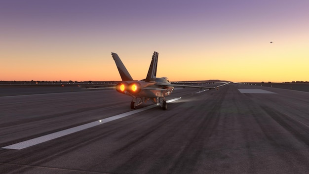 Militar aircraft prepare to take off over the amazing sunset