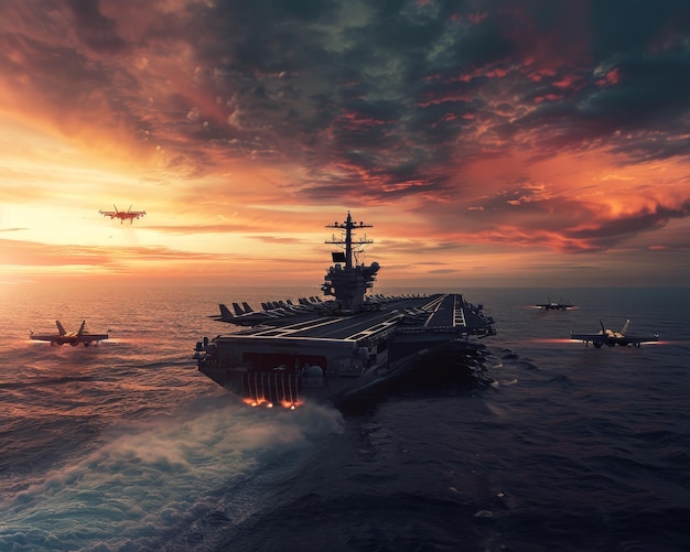 Military aircraft carrier panorama with fighter jets in warzone operation wide poster design