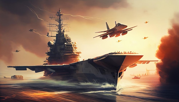 Military aircraft carrier ship with fighter jets take off during a special operation at a warzone Generate Ai