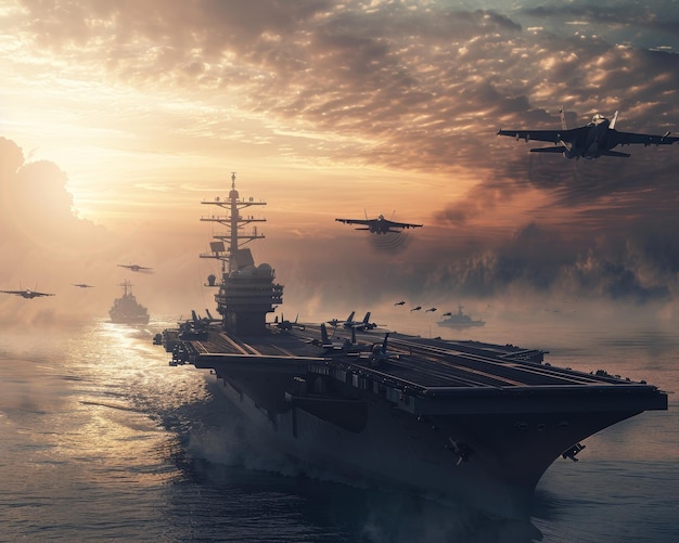 Military aircraft carrier with fighter jets taking off in warzone panorama for wide poster design