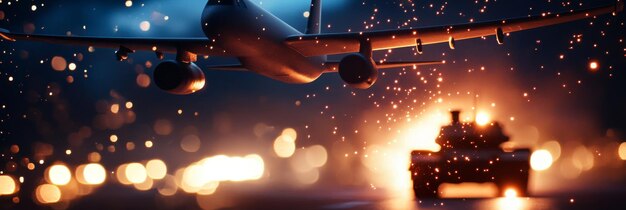 Photo a military aircraft flies low over a tank in a nighttime setting with sparks and bokeh lights