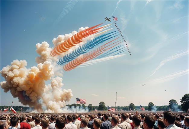 Military Aircraft Flyover with Multicolored Smoke