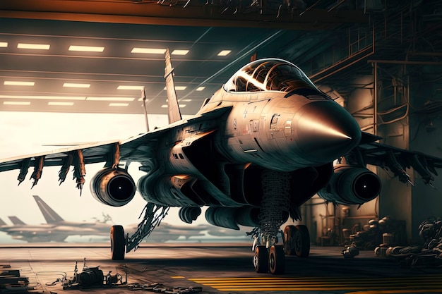 Military aircraft stands in the hangar military fighter aircraft on aircraft carrier AIGenerated