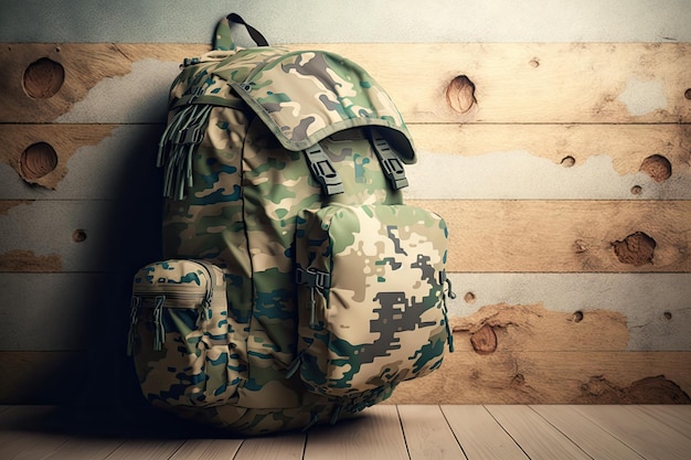 Military backpack with camouflage print hanging on wall of barracks created with generative ai