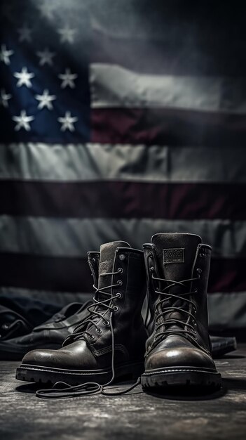 Military boots and American flag in the background Generative AI