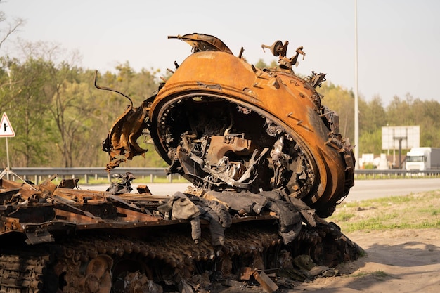 Military broken equipment on the roads of Ukraine