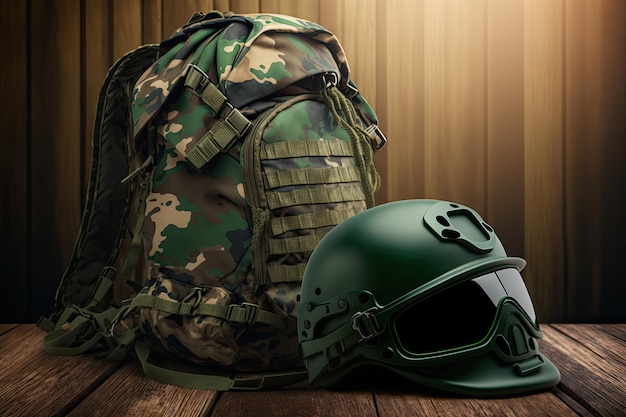 Military camo green backpack with helmet and uniform on blurred background created with generative a