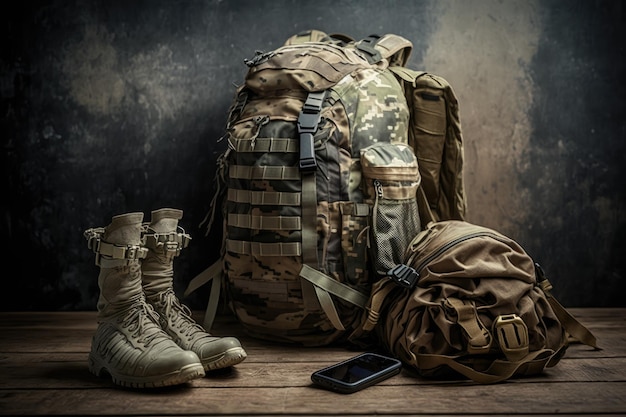 Military combat uniform with military backpack and assault rifle standing on floor created with gene