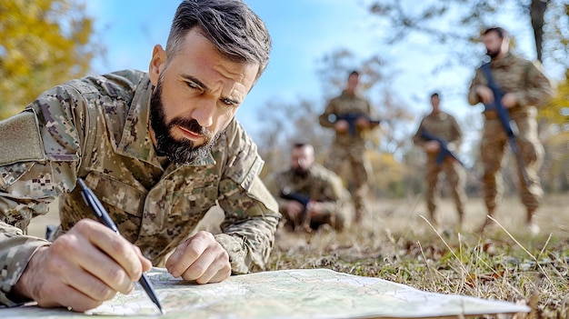 Military Commander Studying Map and Giving Orders to Prepare Soldiers for Tactical