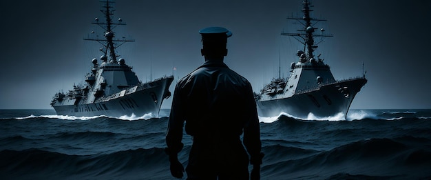 Military concept Silhouette of a man in a military uniform standing on the background of battle ships