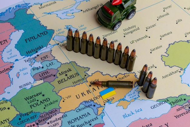 Military conflict in Eastern Europe Conceptual photo of military Ukraine between Russia