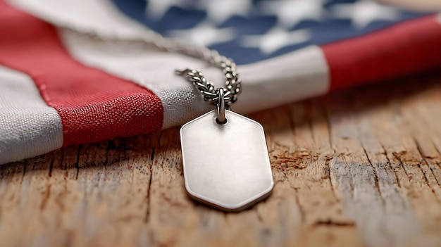 Photo a military dog tag resting on a folded american flag