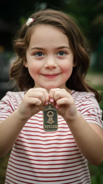 Military Dog tag veteran held by young girl