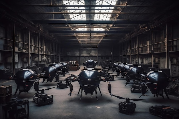 Military drone factory production with drones line up for war generative AI