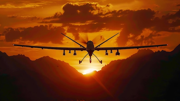 Military drone MQ9 Reaper armed with missiles flying above the mountains with backdrop of a sunset