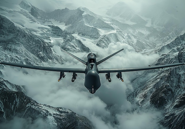 Photo military drone navigates stormy skies above snowy mountain terrain