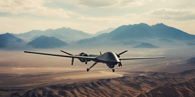 A military drone surveils a vast barren desert capturing the stark contrast of technology and wilderness AI generative