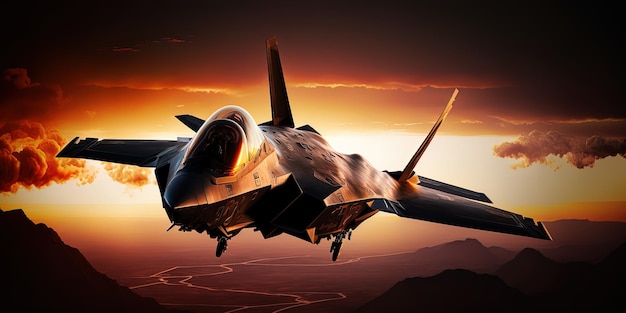 Military F35 plane flying over amazing sunset AIGenerated