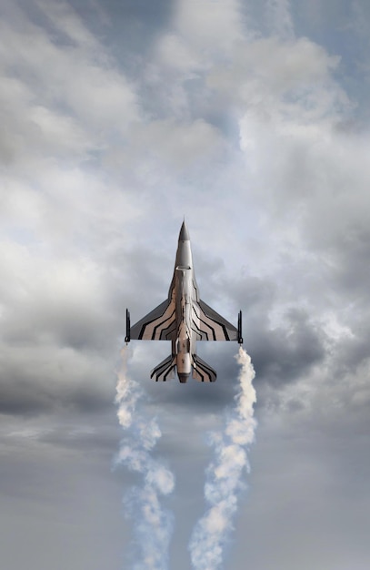 A military fighter jet is flying in stormy sky