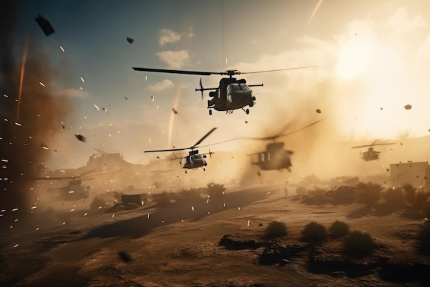 The military fighting scene on war fog sky background Attack scene Armored vehicles Tanks battle Attack helicopters flying in a warzone and shooting AI Generated