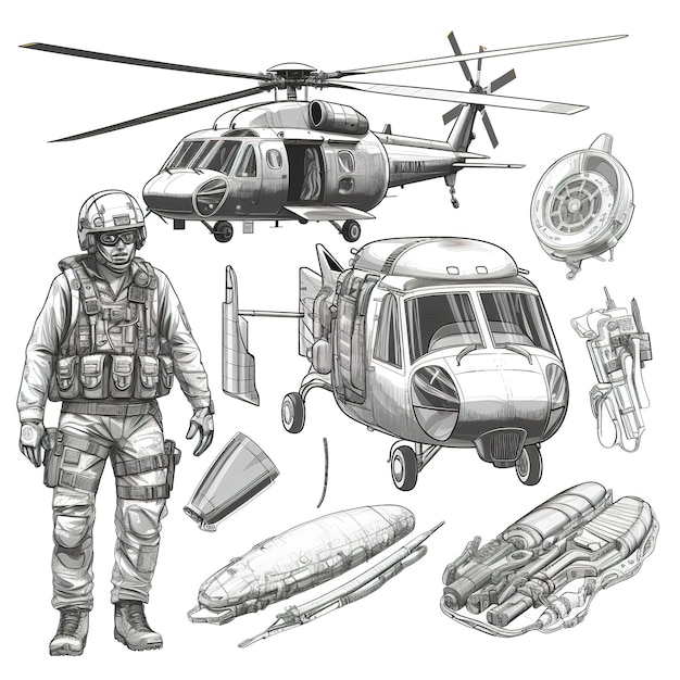 Military graphics set line art Generative AI