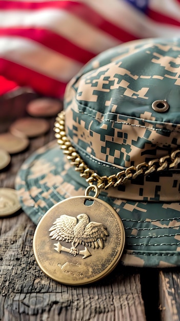 Photo a military hat with a medal and coins symbolizing honor and service