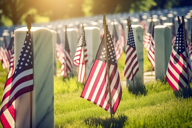 Photo military headstones and gravestones decorated with flags for memorial day