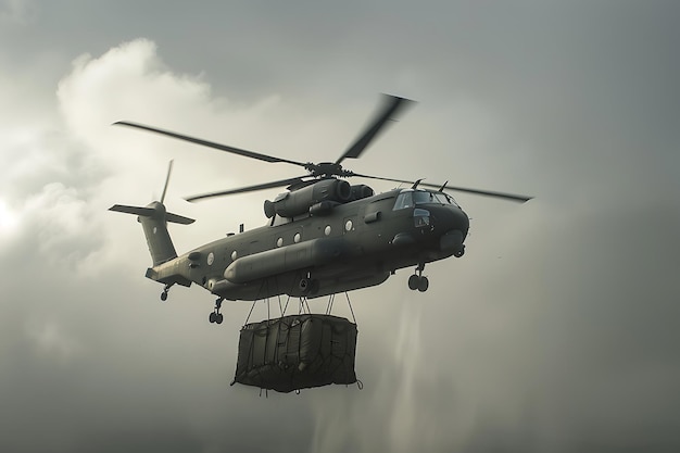 Photo military helicopter carrying cargo against a cloudy sky