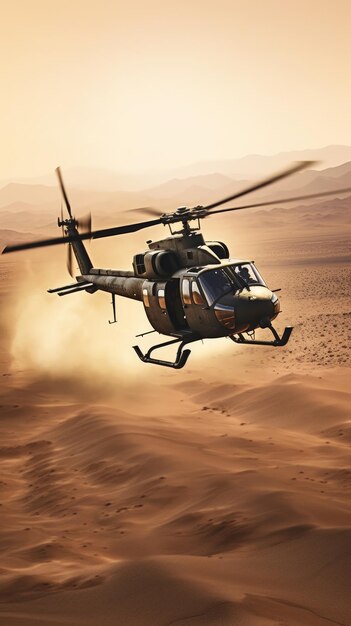 Military helicopter flies over a desert landscape Generative AI