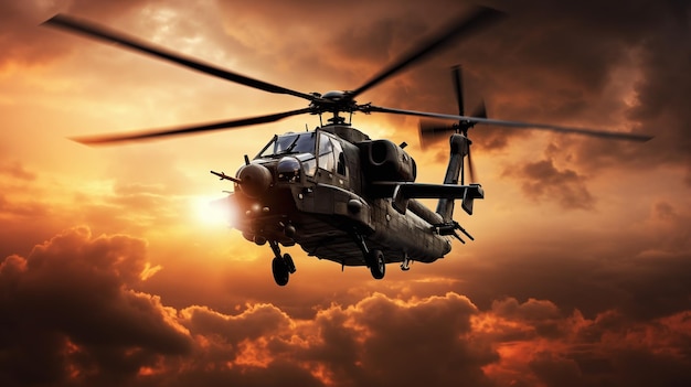 a military helicopter flying in the sky with the sun behind it