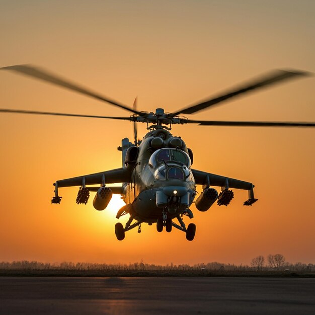 Photo a military helicopter is flying in the sunset