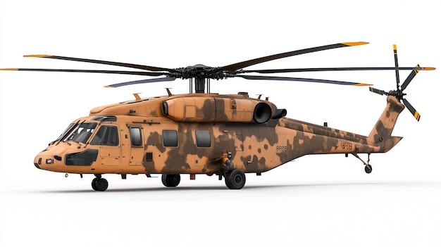 a military helicopter with a black nose and wheels