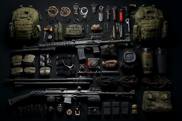 military items on a black background