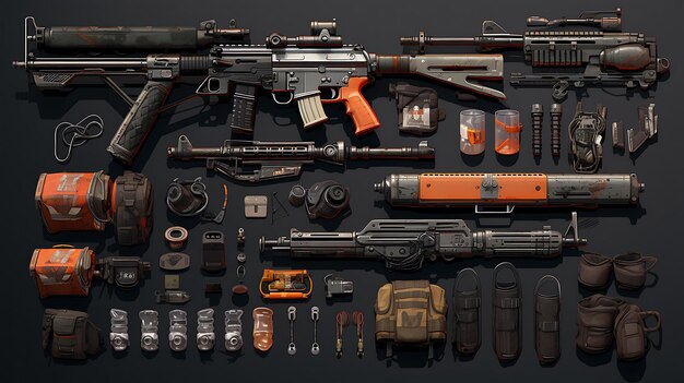 military items on a black background