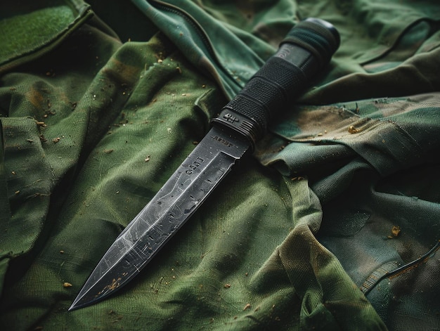 Photo military knife on a green tarpaulin