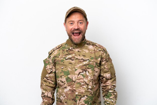 Military man isolated on white background with surprise facial expression